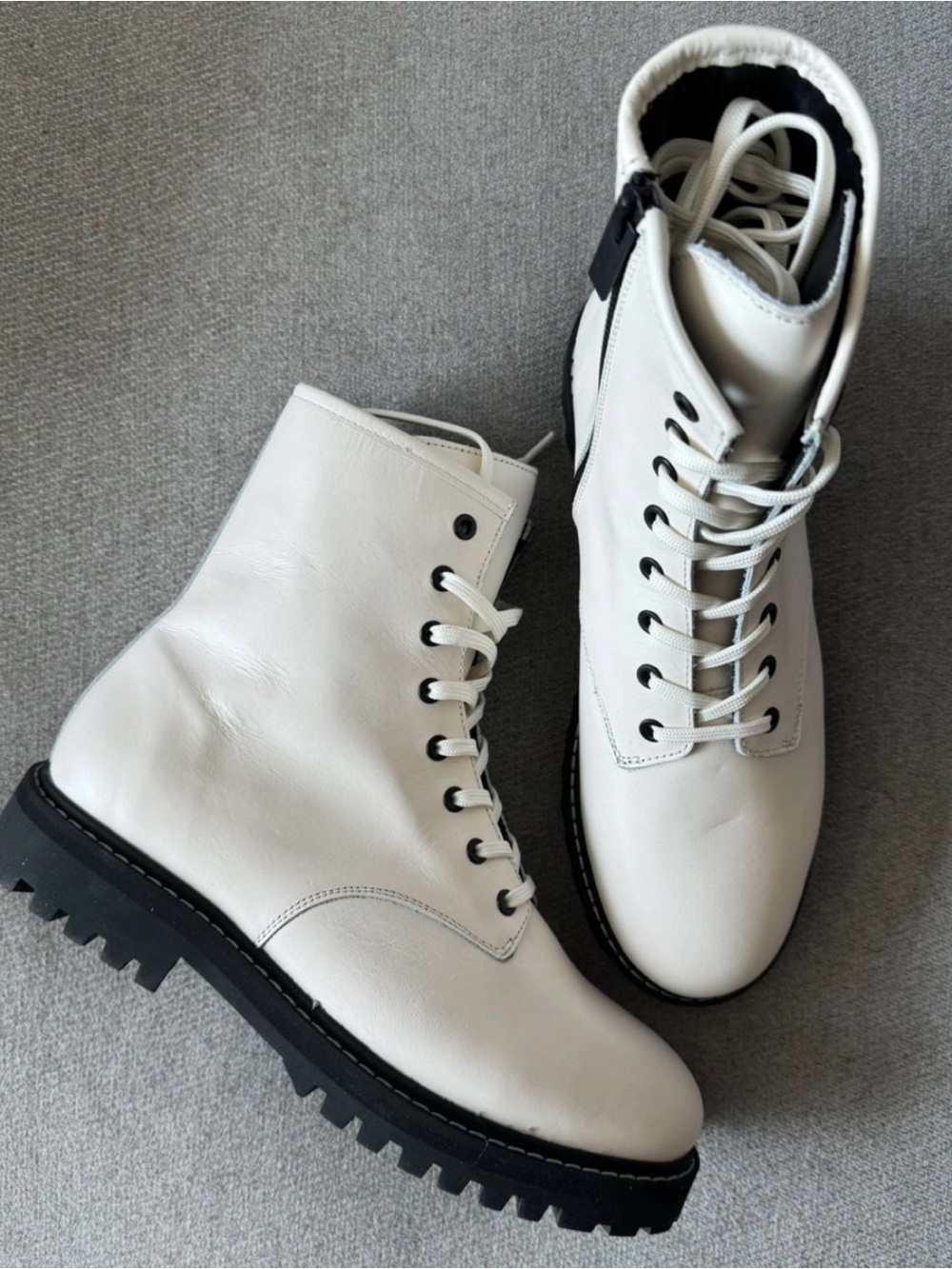 Thursday Boot Company White Ecru Lace-Up Combat Boots with Black Lug Sole
